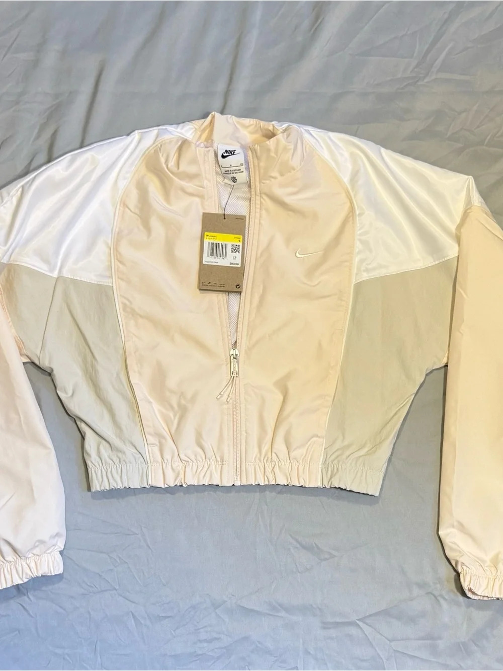 Nike Cropped Bomber Jacket in Light Beige and White